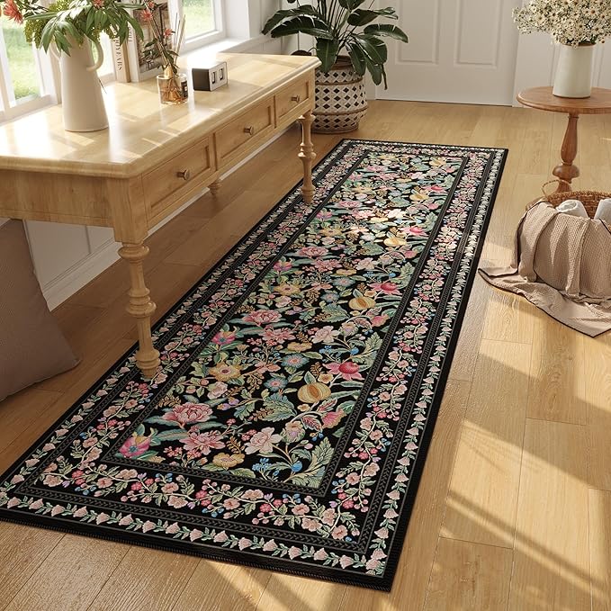 Runner Rug for Kitchen Rug Non Slip 2'x6' Washable Rugs with Rubber Backing Soft Vintage Floral Carpet Runner for Kitchen, Laundry, Bedroom, Bathroom, Black