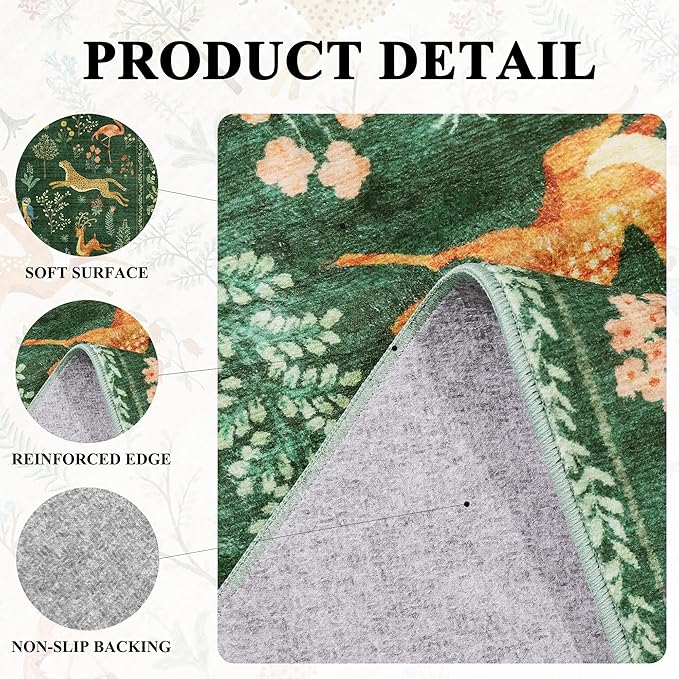 DUKINO 3x5 Rug, Washable Animal Area Rug with Non Slip Vintage Design, Indoor Soft Low Pile Carpet for Bedroom, Nursery, Dining Room, Farmhouse, Playroom, Green