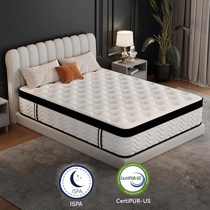 Queen Size 12 Inch Hybrid Mattress with Individually Wrapped Coils and Cooling Memory Foam, Medium Firm Support with Motion Isolation & Edge Support, CertiPUR-US Certified, Mattress in a Box