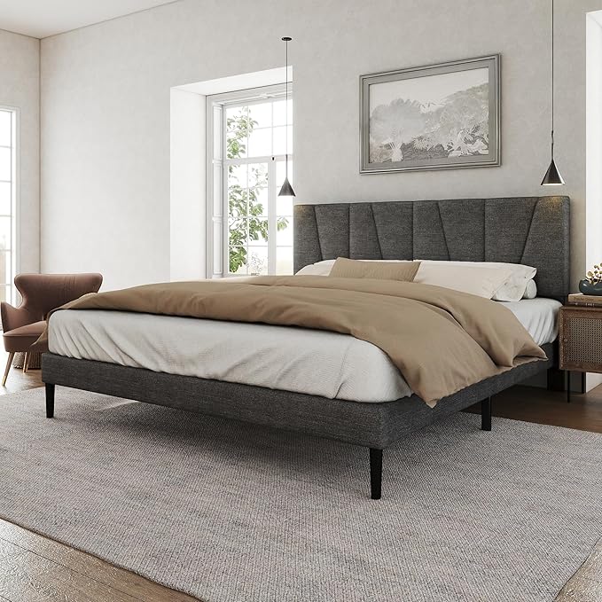 Queen Size Bed Frame with Fabric Upholstered Headboard, Platform Bed with Wooden Slats Support, Fully Mattress Foundation, Box Spring Optional, Easy Assembly