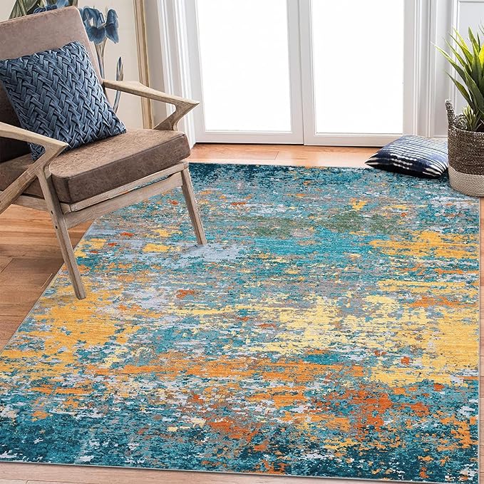 6x9 Modern Abstract Area Rug Non Slip Non Shedding Rug Low Pile Stain Resistant Washable Rug Soft Carpet for Bedroom Living Room, Multi Color