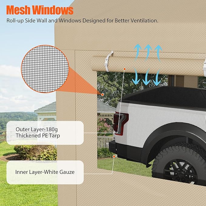 JAMFLY Carport, 12x20 ft Heavy Duty Carport with Roll-up Windows, Portable Garage with Removable Sidewalls & Doors, Car Canopy with Sandbags and All-Season Tarp for Car Boat Truck Motorcycle, Khaki