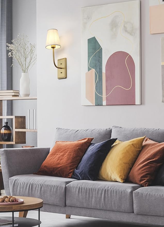 Farmhouse Brass Wall Sconce 1-Light, Linen Fabric Shade Wall Lamp Hardwired Indoor Wall Light for Bedroom Living Room Vanity Bathroom (Linen Cloth 2-Pack)