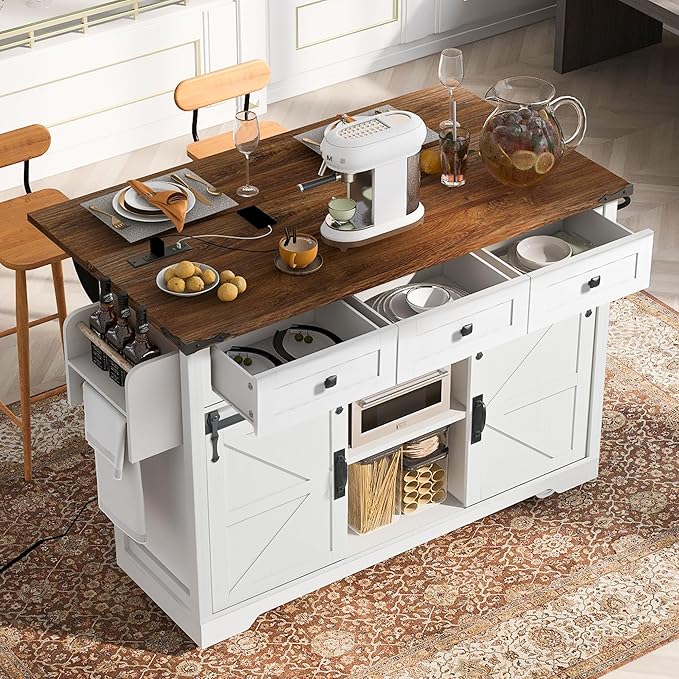 Kitchen Island with Power Outlet & Drop Leaf, 54" Kitchen Rolling Island on Wheels with Spice Rack & Towel Rack, Kitchen Island Cart with Storage, White