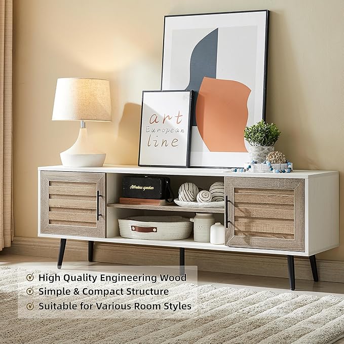 EDYO LIVING Mid Century Modern TV Stand for 65" TV, Wood TV Stand with Storage Cabinet and Open Shelf, Entertainment Center, TV Console Table for Living Room, White Walnut