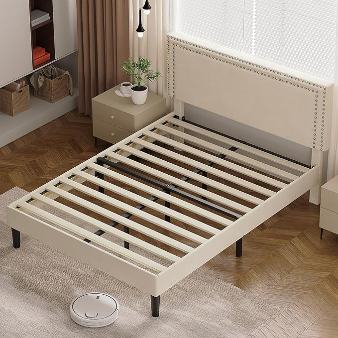 VECELO Full Size Bed Frame with Adjustable Upholstered Headboard, Wooden Slats Platform, Noise-Free Design, Easy Assembly