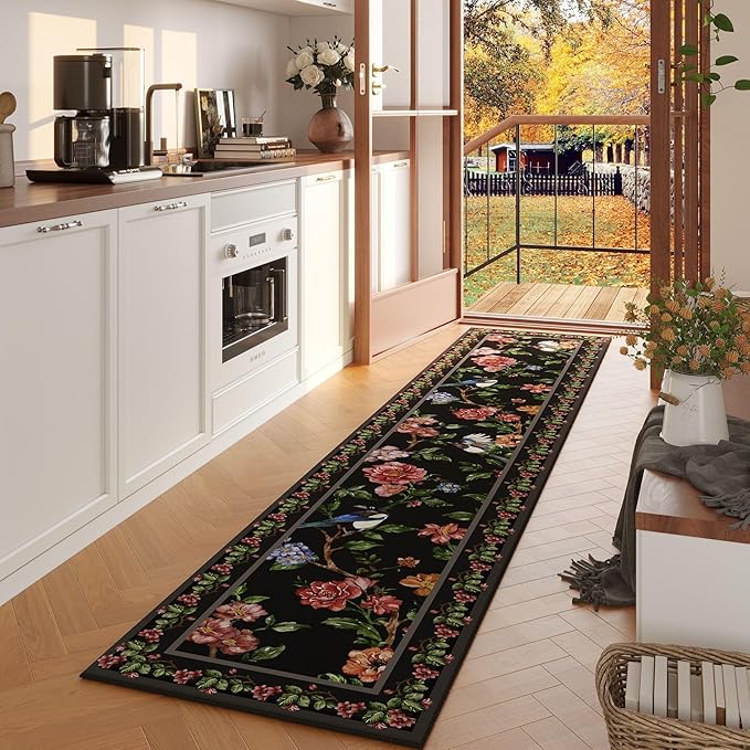 Runners for Kitchen Runner Rug 2'x10' Long Washable Rugs with Rubber Backing Non Slip Soft Floral Bird Magpies Animal Carpet Runner for Kitchen, Laundry, Bedroom, Bathroom (Black)