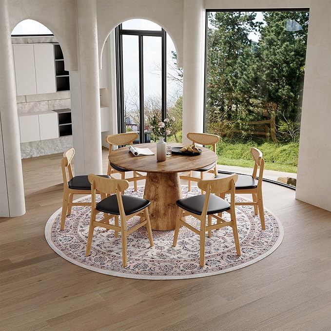 45 Inch Round Dining Table Set for 6, 7 Piece Kitchen Table and Chairs Set, Wooden Table with Light Walnut Finish, Small Space Dining Set for Apartment or Dining Room