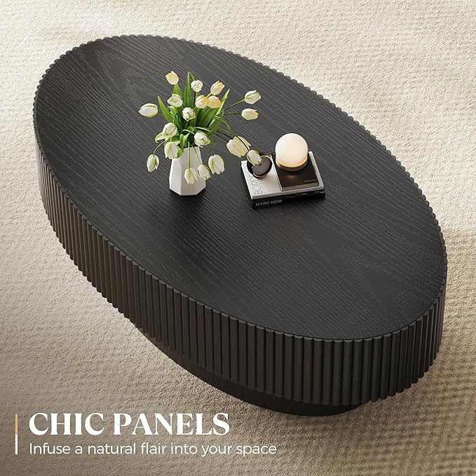 Oval Wood Coffee Table, Modern Fluted Coffee Table for Living Room, Veneer Handcrafted Relief 43.7" Olive-Shaped Tea Table with Sturdy Pedestal，Easy Assembly - Black