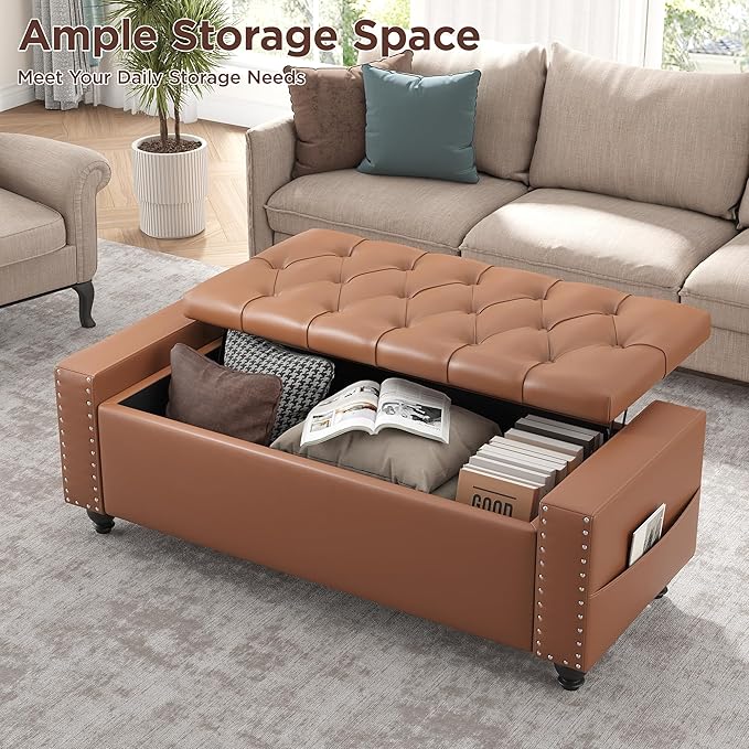 Maupvit Storage Ottoman Bench, 49 Inch Bedroom Bench, Upholstered Ottoman with Storage, Entryway Bench with Tufted Button, Faux Leather Window Bench for Bedroom, Living Room, Entryway, Hallway, Brown