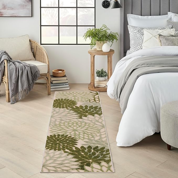 Nourison Home Aloha Indoor/Outdoor Ivory Green 2' x 6' Area Rug, Easy Cleaning, Non-Shedding, Bed Room, Living Room, Dining Room, Backyard, Patio, Deck (2x6)