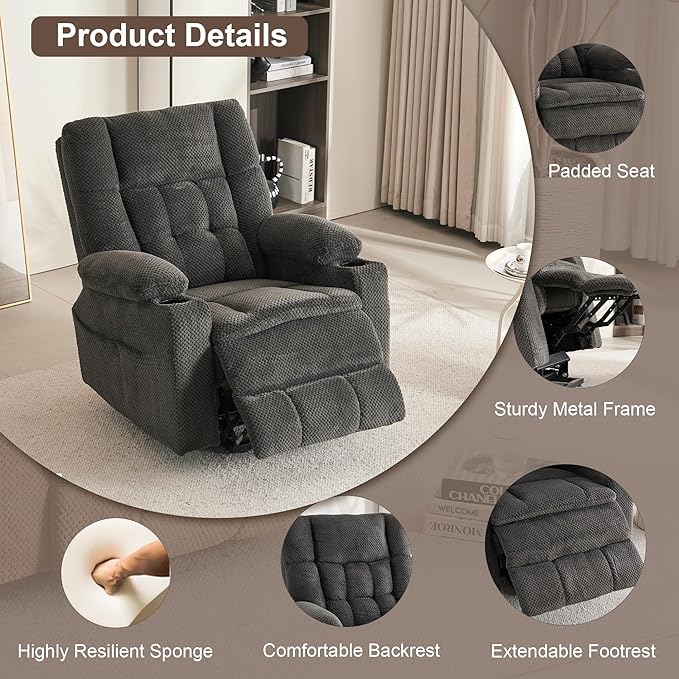 SALOHZA Power Lift Recliner Chair for Elderly with Massage and Heat for Living Room, Electric Recliner Chair for Adults with USB/Type C Port/Cup Holders, Velvet Fabric, Dark Gray