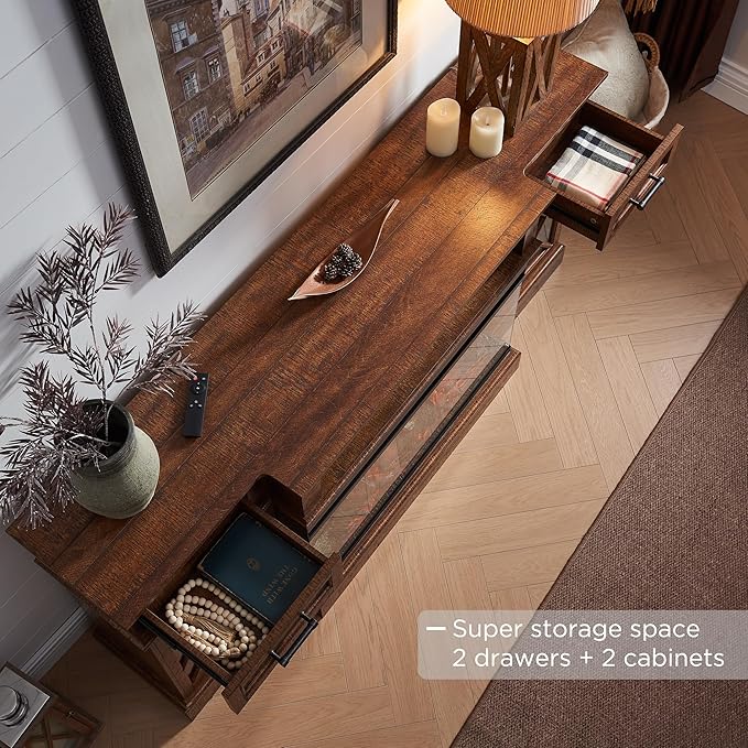 OKD 3-Sided Glass Farmhouse Fireplace TV Stand for TVs up to 80'', Highboy Entertainment Center with Glass Door Storage Cabinet, 70'' Large TV Stands with 36'' Electric Fireplace, Reclaimed Barnwood