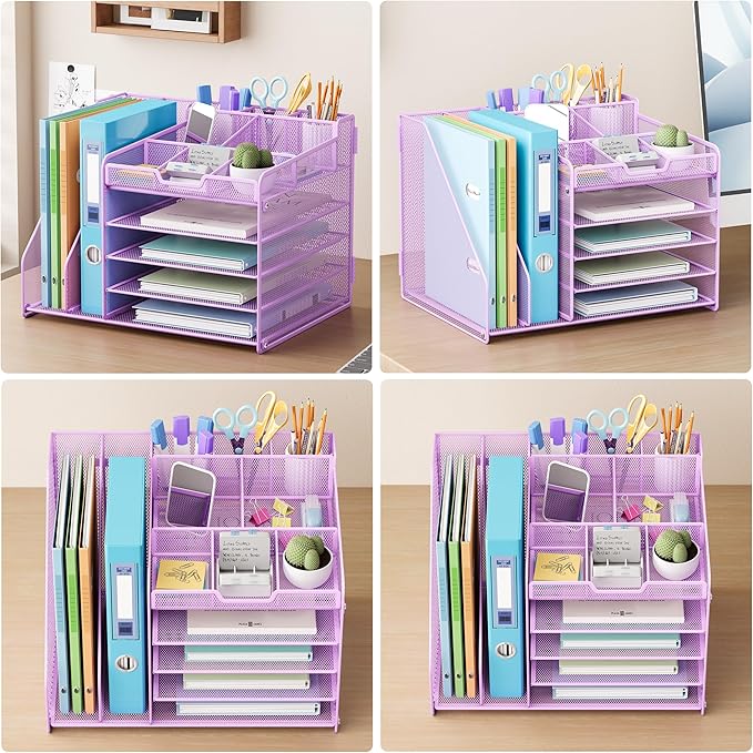 Lavatino 5-Tier Desk Organizer with 2 File Holders, Metal Adjustable Paper Letter Tray for Office or Home Desk Organizers and Accessories | 7 Flexible Dividers Keep Workspace Supplies Neat, Purple