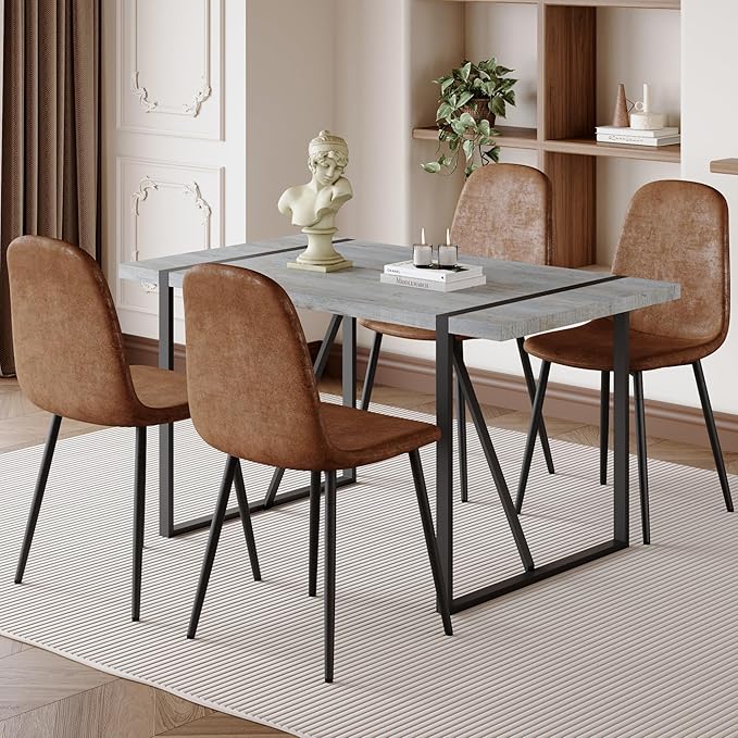 Dining Table Chairs Set for 4, Modern Rectangular Dining Room Table Set Upholstered Dining Chairs 55" Dinner Table Set for Kitchen (Grey Table & Brown1 Chairs, 55 inch Table + 4 Chairs)