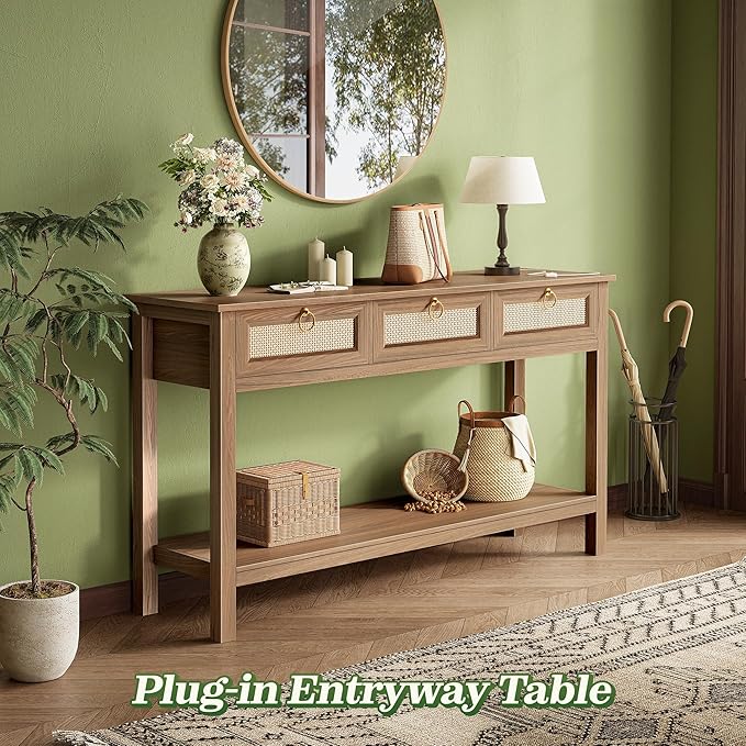 SUPERJARE Rattan Console Sofa Table with Outlets and USB-C Port, 3 Drawer Entryway Table with Synthetic Rattan Surface, Open Shelf, Behind Couch Entry Foyer Hallway Storage, Brown