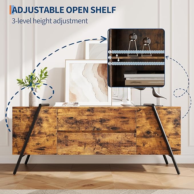 GarveeHome 55" Modern TV Stand with 2 Drawers, Adjustable Shelves, U-Shaped Metal Legs, Farmhouse Entertainment Center, Wooden TV Console for Living Room, Bedroom, Amber Oak