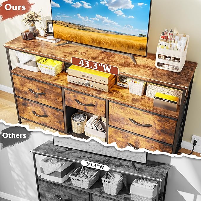 TV Stand Dresser with LED Lights & Power Outlets, Entertainment Center for 50" Inch TV, 5 Drawers TV Stand for Bedroom Dresser with Shelves for Living Room, Sturdy Metal Frame, Rustic Brown