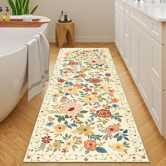 DUKINO Runner Rug, 2x10 Kitchen Hallway Carpet, Washable with Non-Slip Backing, Low Pile Soft Boho Floral for Entryway, Laundry, Bedroom, Beige Yellow