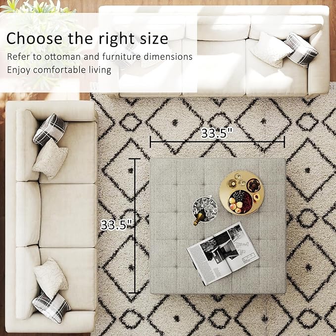 Large Square Ottoman Coffee Table, Linen Solid Upholstered Footrest Ottoman with Solid Wood Shelf Storage Tufted Coffee Table for Bedroom Living Room, Linen