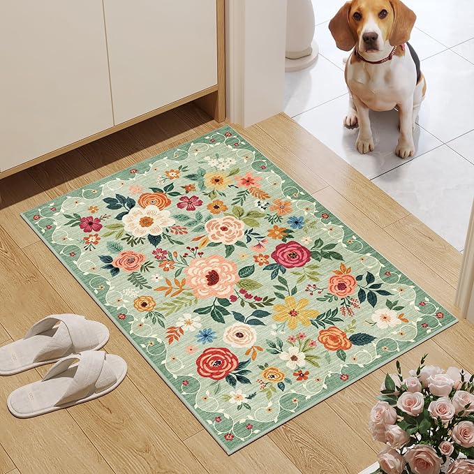 DUKINO 2x3 Rugs for Entryway, Floral Indoor Washable Front Door Mat, Non Slip Boho Small Carpet, Soft Low Pile Throw Rug for Entrance, Bedroom, Kitchen, Laundry, Bathroom, Green
