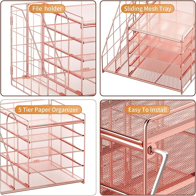 Marbrasse Desk Organizer with File Holder, 5-Tier Paper Letter Tray, Mesh Desk Accessories, Magazine Holder, Desktop Organizer and Storage for Office Supplies, Rose Gold