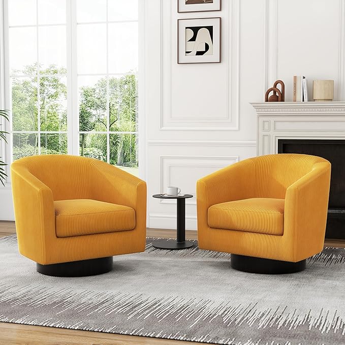 UIXE Swivel Accent Chair, Upholstered Corduroy Barrel Chair for Living Room, Small Single Sofa Bedroom Reading Seat, Set of 2, Orange