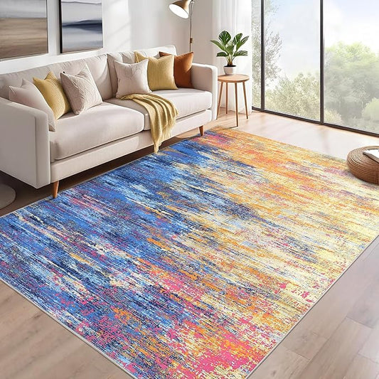Modern Abstract Area Rug 4x6 Washable Rug for Living Room, Ultra Soft Rug for Bedroom, Non Slip Indoor Floor Carpet, Stain Resistant Rugs for Home Decor Office, Blue/Orange