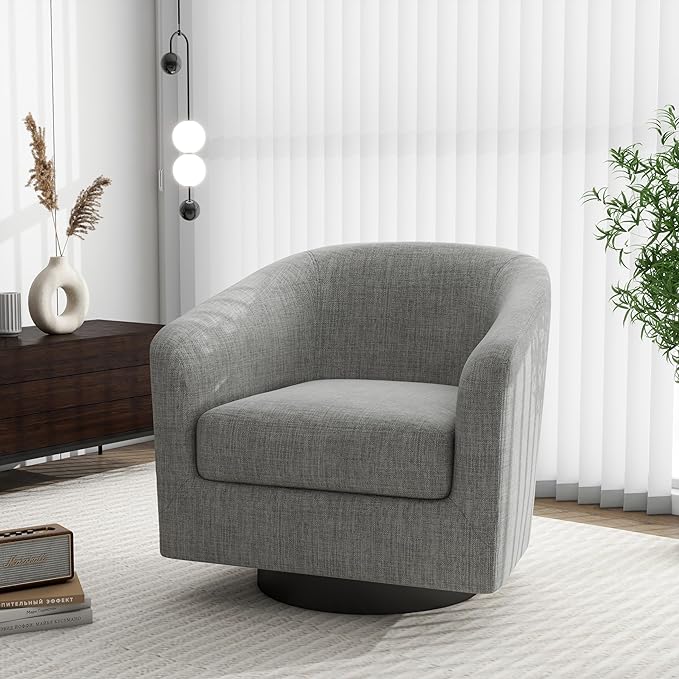 Swivel Barrel Accent Chair, Modern Round Linen Arm Chair for Living Room, Bedroom, Comfy Club Reading Chairs for Adults（Linen Fabric, Light Grey, Set of 4