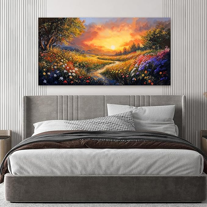 Canvas Wall Art Decor Large Wall Art Pictures for Living Room Vintage Landscape Wall Art Prints Canvas Art Wall Decor Wildflower River Artwork for Walls Bedroom Home Aesthetic Wall Art Decor 20" X 40"