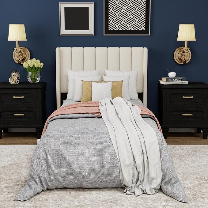 Upholstered Platform Twin Size Bed Frame with Headboard Wooden Slats Support No Noise Easy Assembly Beige Velvet