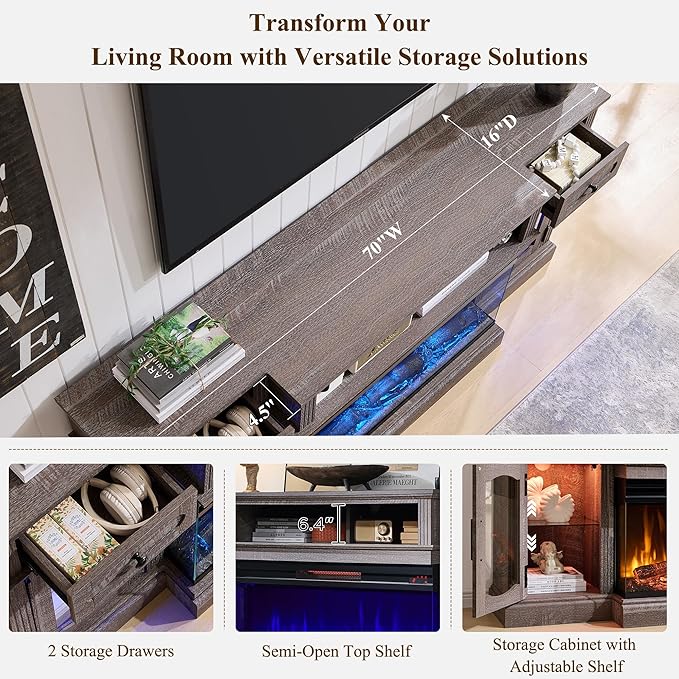 JXQTLINGMU Farmhouse Fireplace TV Stand for TVs up to 80", Entertainment Center with 36" 3-Sided Glass Electric Fireplace & LED Lights, 70-inch TV Console for Living Room,Grey