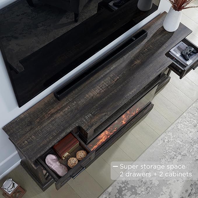 OKD 70'' TV Stand with 36'' Electric Fireplace, Media Entertainment Center for TVs Up to 80'', Modern Farmhouse 3-Sided Glass TV Stand with 3 Color Lights & 5 Flame Speeds, Dark Rustic Oak