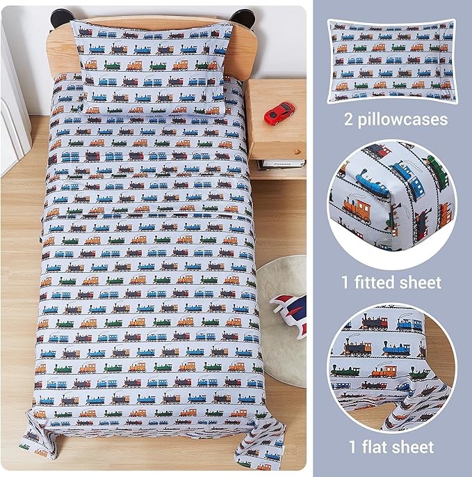 Viviland 4 Pieces Boys Grey Full Sheet Set - Soft Microfiber Fitted Flat Sheets & Pillowcases - Retro Train Print Bedding Sets- for Kids & Toddlers