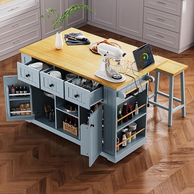 Large Kitchen Island Cart on 5 Wheels with Power Outlet, Drop Leaf, 3 Drawers, Kitchen Storage Cart with 5 Open Side Racks for Kitchen, Dining Room, Home Bar Grey Blue