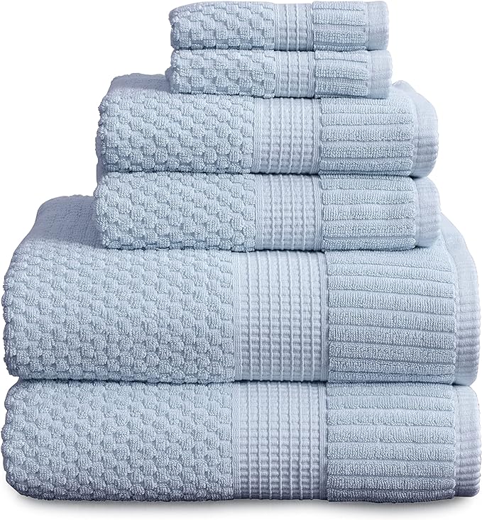 NY Loft 100% Cotton Towel Set 6 Piece | Super Soft & Absorbent Quick-Dry 2 Bath Towels 2 Hand Towels & 2 Washcloths |Textured and Durable Cotton | Trinity Collection (6 Piece Set, Chambray Blue)