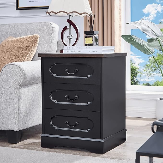 LIDYUK 3 Drawer Dresser for Bedroom Farmhouse Black Wood Chest of Drawers Bedroom Dresser with Charging Station, Rustic Small Drawers Dressers Nightstand Wooden Closet Storage Cabinet, Living Room