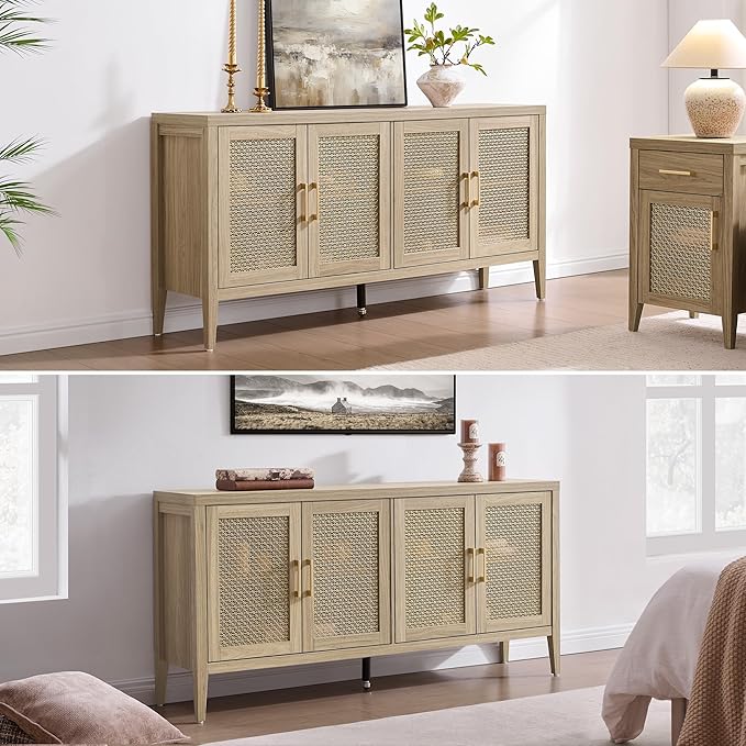 SICOTAS TV Stands for Living Room Bedroom - Farmhouse Entertainment Center TV Console with 4 Doors Cabinet, 59" Boho Television Stands Media Console Credenza for 45 50 55 60 65 Inch TVs, Light Walnut