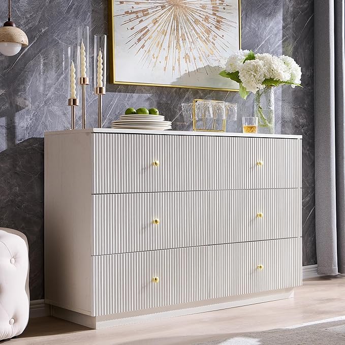 Fluted Dresser for Bedroom, 47" White 6 Drawer Dressers, Wood Tall Dresser Storage Organizer, Modern Chest of Drawers with Deep Storage for Closet Hallway, Entryway, Living Room, White