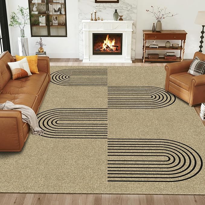 Easy Jute Area Rug 5x7, Living Room Washable Rug Indoor Outdoor Patio 5x7 Carpet, Farmhouse Rainbow Pattern Throw Non Slip Black Carpet for Backyard Dining Room, Light Brown/Black