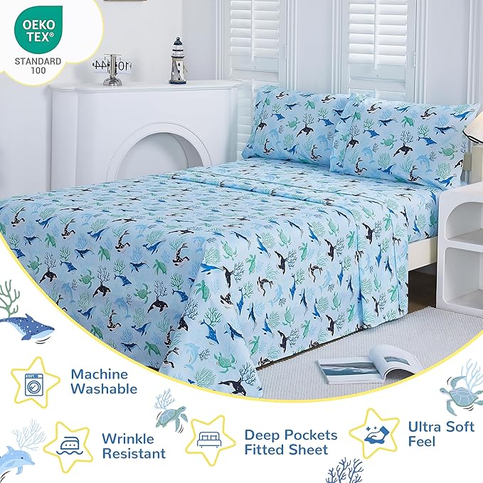 Viviland 4 Pieces Boys Blue Ocean Full Sheet Set - Soft Microfiber Fitted Flat Sheets & Pillowcases - Blue Ocean Whales, Sea Turtles, Marine Organisms Bedding Sets - for Kids & Toddlers