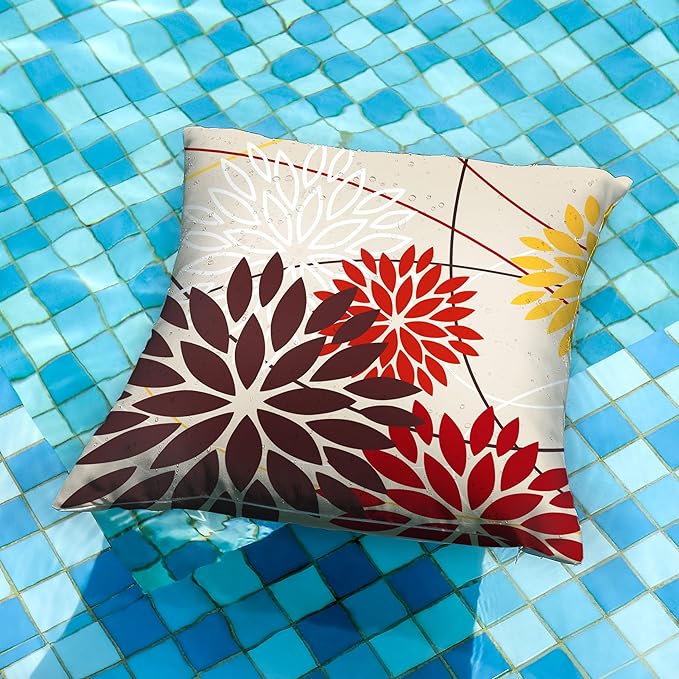 Red Brown Outdoor Pillow Cover 18X18 Inch Set of 2 Outdoor Waterproof Fall Floral Brown Decorative Pillowcase Decor for Couch Patio Funiture Garden Print Polyester Cushion Cover 01K18
