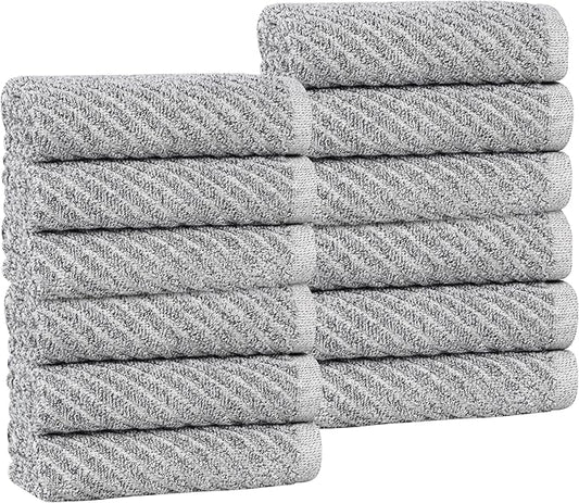 Superior Amelia Viscose Cotton Blend Medium Weight Small Towels, For Kitchen, Bathroom, Shower, Spa, Plush, Quick Dry, Ultra-Soft Essentials, Ribbed Design, Face Towels Washcloths, Set of 12, Charcoal