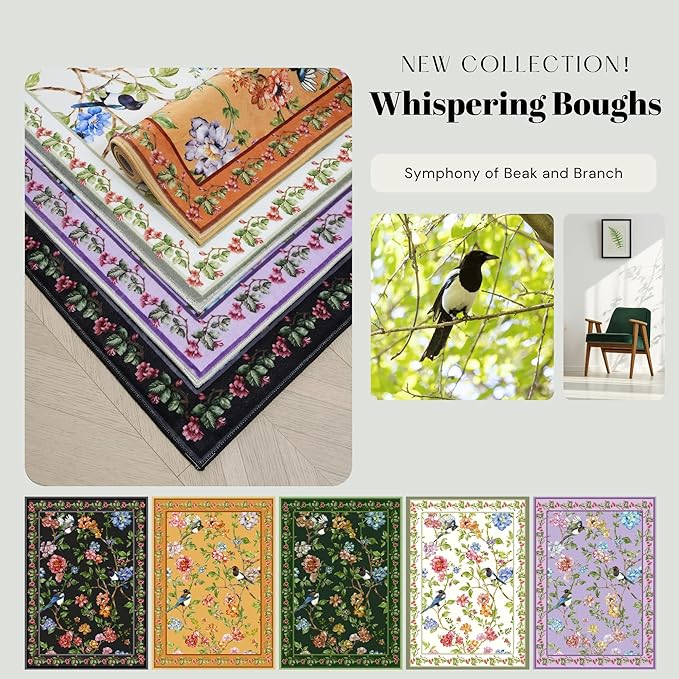 Area Rug 4x6 Rug Washable Floral Bird Magpies Rugs Non Slip Low Pile Floral Animal Small Carpet for Bedroom, Bedside, Kids Room, Office, Dining Room (White)