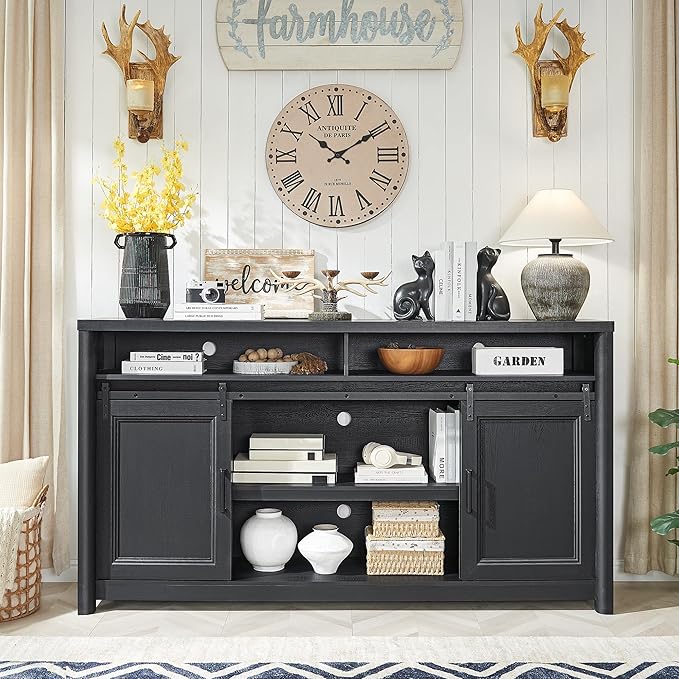 Farmhouse TV Stand for Living Room, Large Black Entertainment Center with Storage, TV Console for Bedroom, TV Stand with Sliding Barn Door Television Stands for 80 Inch TV, 38 Inch Tall Media Cabinet