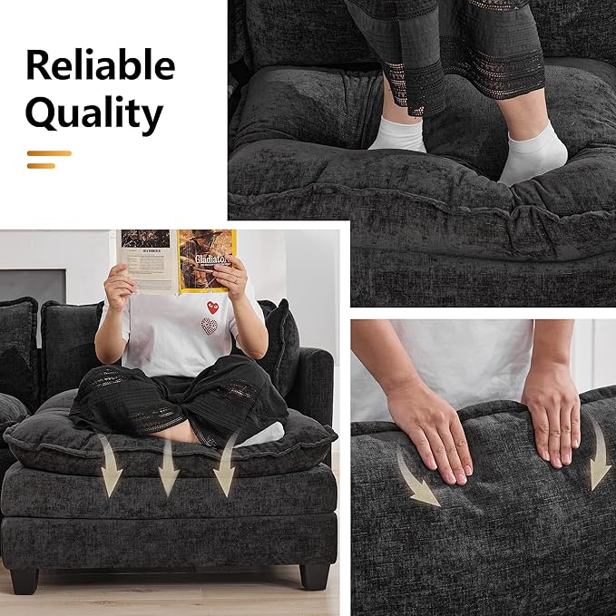 111'' Sectional Cloud Deep Seat Couch, Modern Comfy Chenille Modular Sectional Sofa for Living Room Set, Upholstered Modular 3-Seats Sofa Couch, Dark Grey