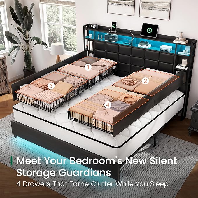 Queen Size Bed Frame with Charging Station and LED Lights Wooden Platform Bed Frame with 4 Storage Drawers and Bookcase Headboard, Faux Leather Upholstered, No Box Spring Needed, Black