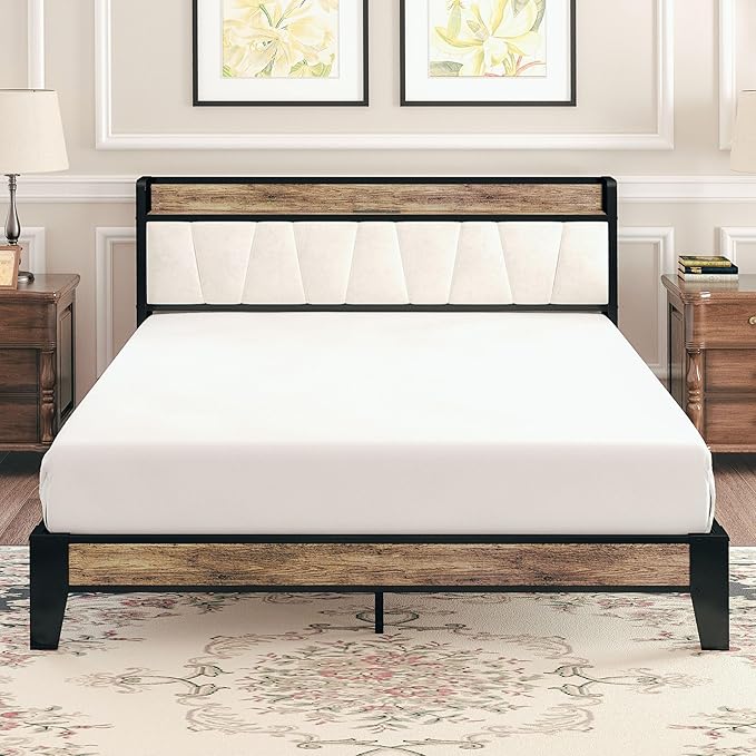 LIKIMIO Full Size Bed Frame, Storage Headboard with Charging Station, Solid and Stable, Noise Free, No Box Spring Needed, Easy Assembly (Walnut and Beige)