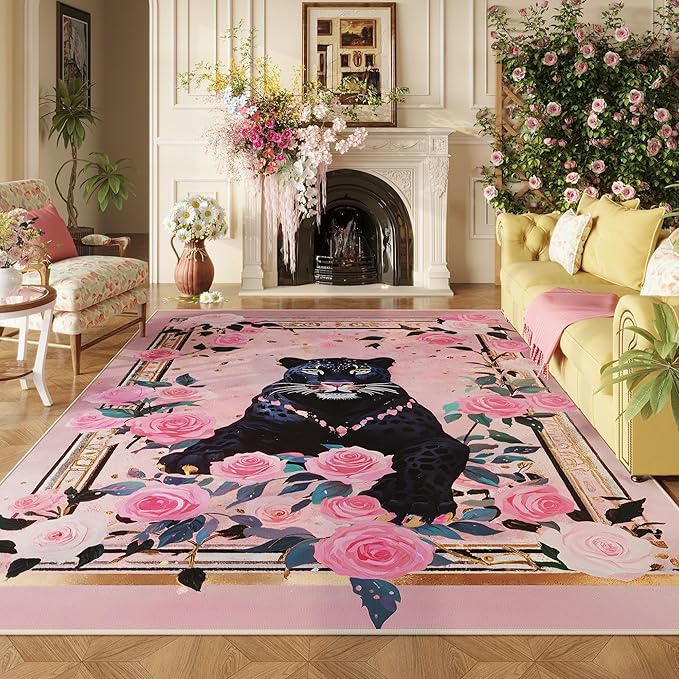 Area Rugs 8x10 Rug for Living Room Clearance Washable Retro Lavish Leopard Non Slip Floral Animal Vintage Low Pile Large Rug for Living Room, Bedroom, Farmhouse, Dining Room, Kids Playroom