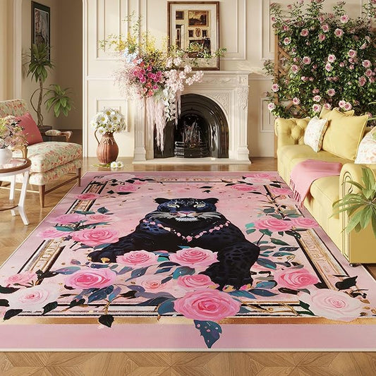Area Rugs 8x10 Rug for Living Room Clearance Washable Retro Lavish Leopard Non Slip Floral Animal Vintage Low Pile Large Rug for Living Room, Bedroom, Farmhouse, Dining Room, Kids Playroom